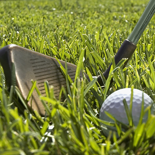 Golf ball and iron in grass, extreme close-up.