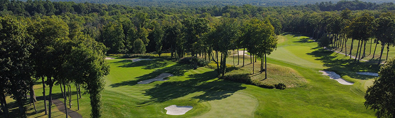 Drone photo of golf course with trees in distance.