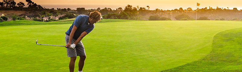 Male golfer about to swing at sunset.