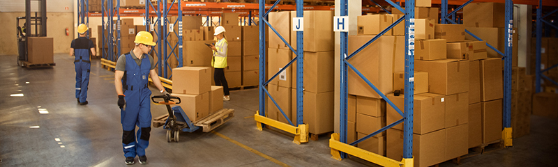Retail Warehouse full of Shelves with Goods in Cardboard Boxes, Workers Scan and Sort Packages, Move Inventory with Pallet Trucks and Forklifts. Product Distribution Delivery Center.