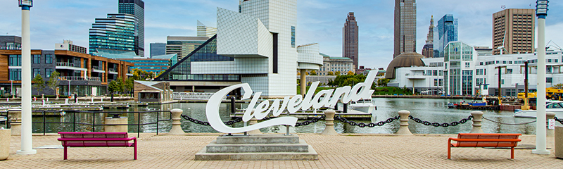 Cleveland skyline from Voinovich Park.